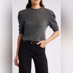 Frame Ruched Sleeve 100% Cashmere Sweater in Charcoal Size Small